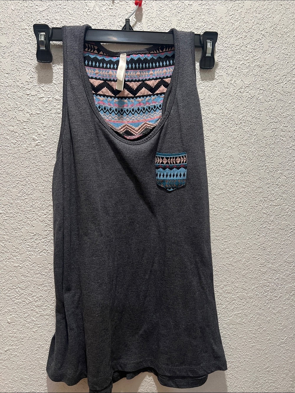 Bozzolo Dark Gray Tank Top with Aztec Trim and Pocket
